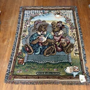 Boyds Bears & Friends Afternoon Tea Tapestry Throw Blanket Wall Hanging 48"x64"
